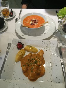 Lunch at Cafe Botanico; salmorajo soup and chicken with sauce