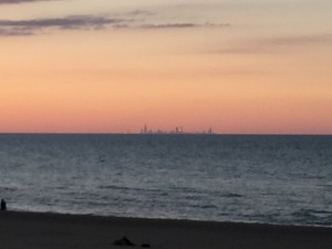 Sunset glinting on Chicago skyline
